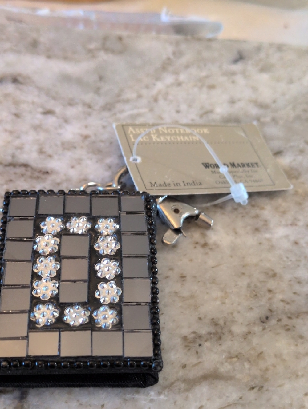 Embellished Mirror Tile Square Keychain - Silver and Black